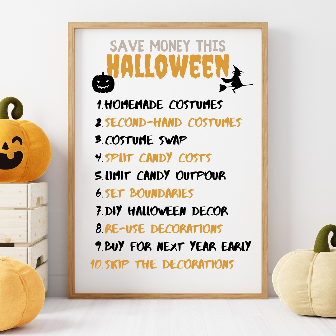 Save Money on Halloween info graphic by Money Mentors, featuring tips like homemade costumes, second-hand costumes, costume swap, split candy costs, and DIY Halloween decor.