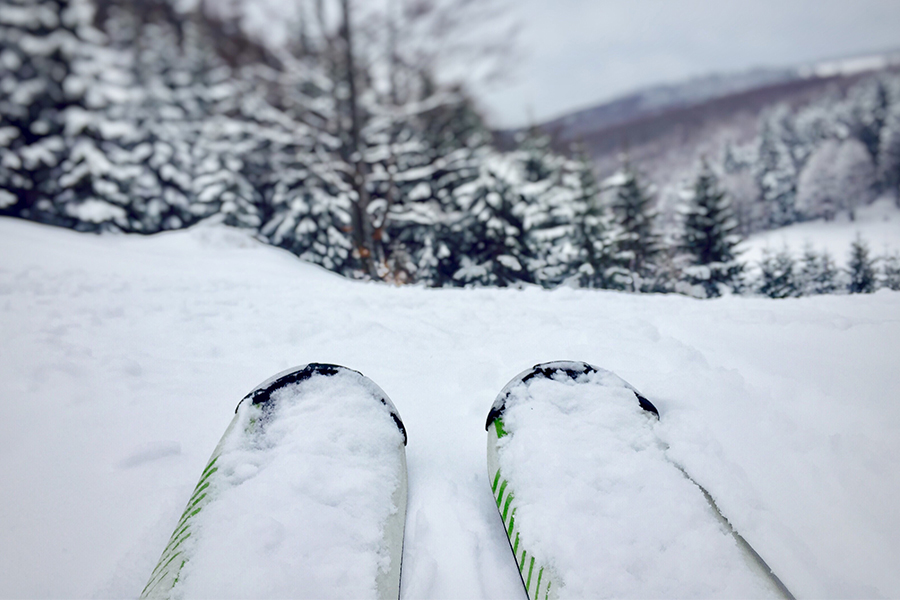 A pair of skis in the snow with a scenic snowy forest background; save money on leisure activities like skiing with tips from Money Mentors.