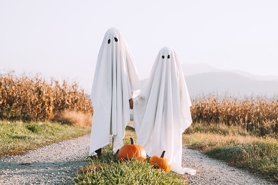 Two ghost costumes posed on a countryside path with pumpkins nearby, exemplifying budget-friendly Halloween ideas as discussed in the 'How to Save Money at Halloween' blog post by Money Mentors.