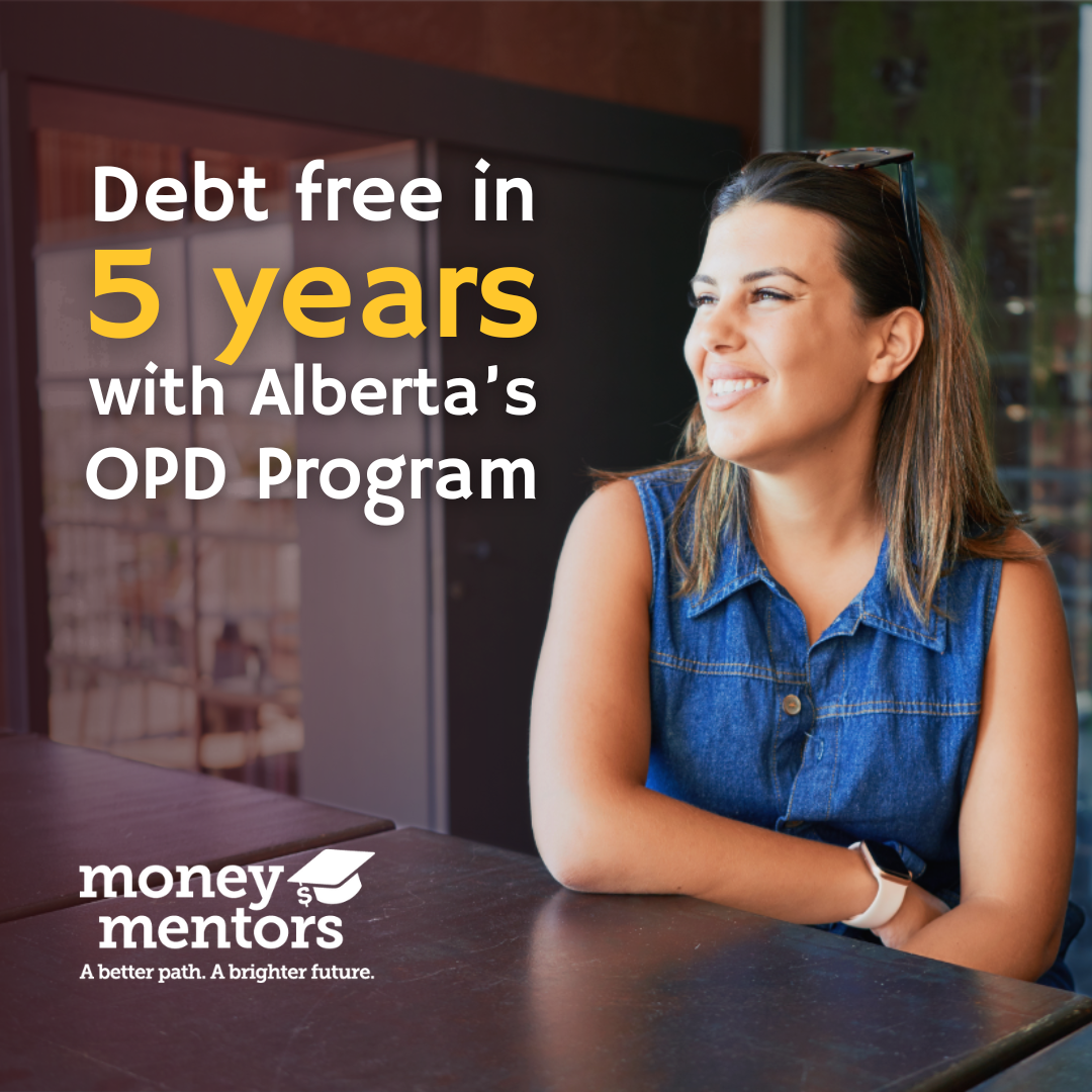 Kim, a Money Mentors success story, smiling confidently after becoming debt-free in 5 years through Alberta’s Orderly Payment of Debts (OPD) program. 