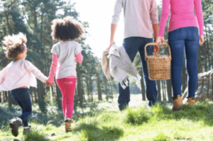 A young family goes on a picnic in the park